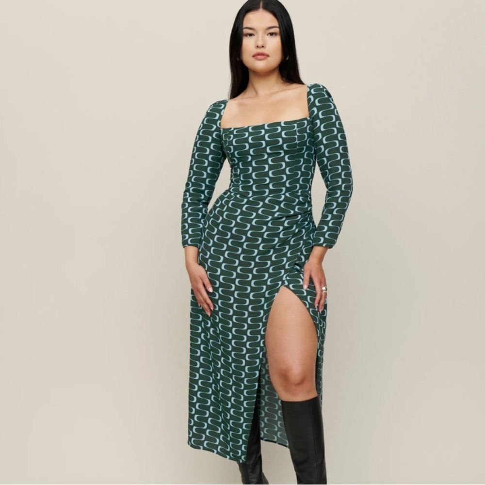 Reformation Green Patterned Midi Dress